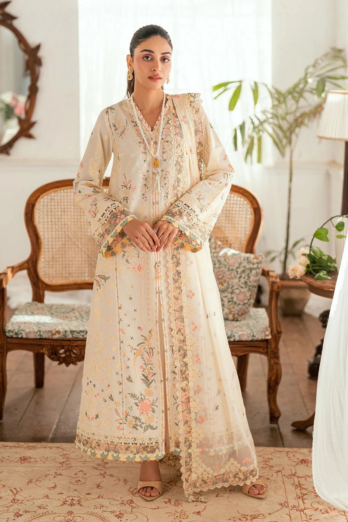 3pc Embroidered Lawn Suit with karandi Net Embroidered Dupatta