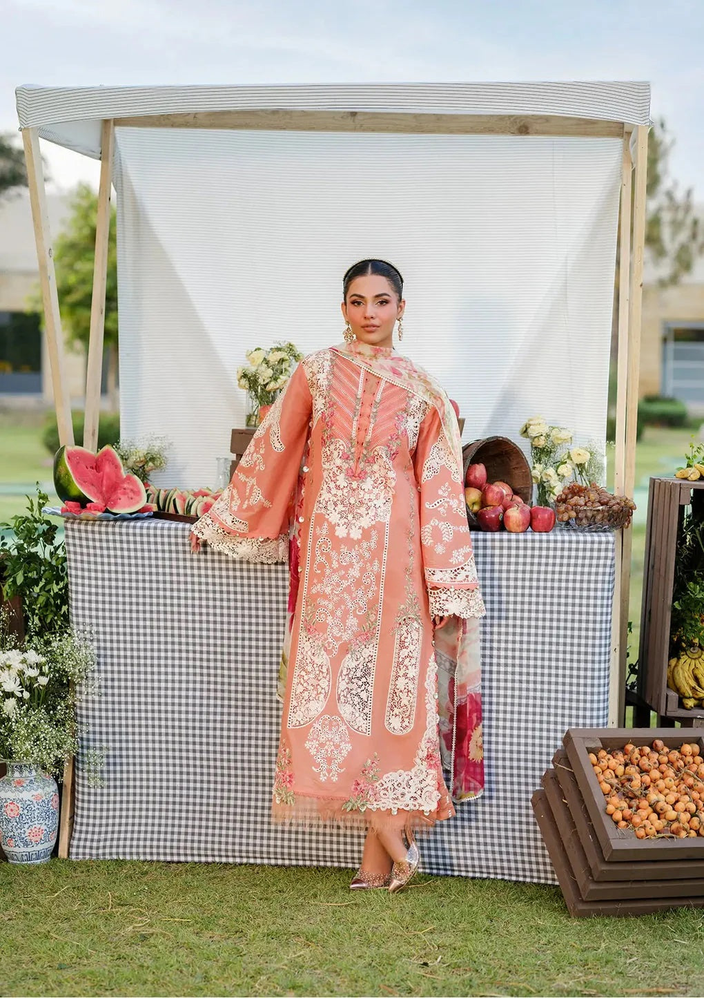 3 Piece Embroidered lawn suit with Printed Voil Dupatta