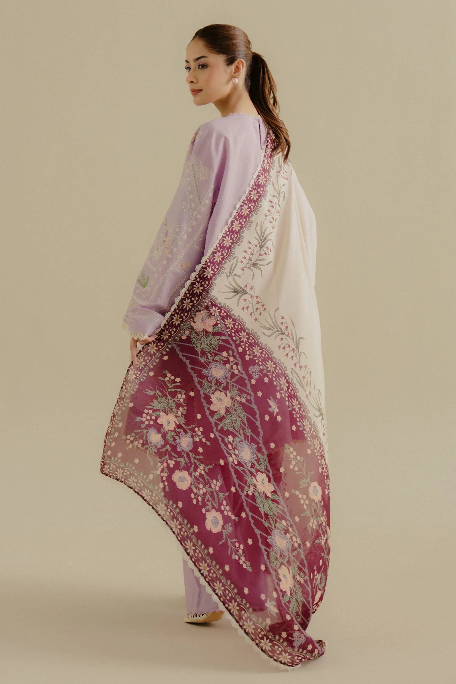 3Pc Embroidered Lawn with Printed Voil Dupatta