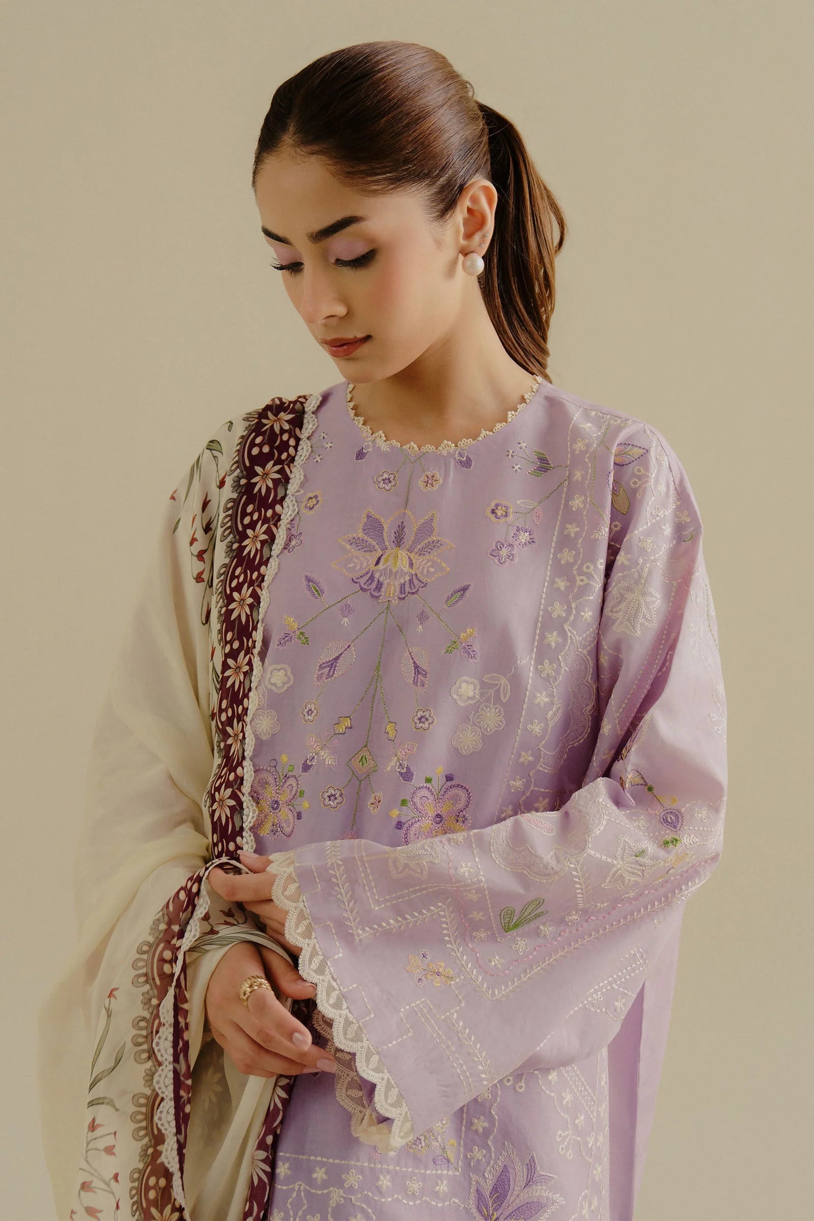3Pc Embroidered Lawn with Printed Voil Dupatta