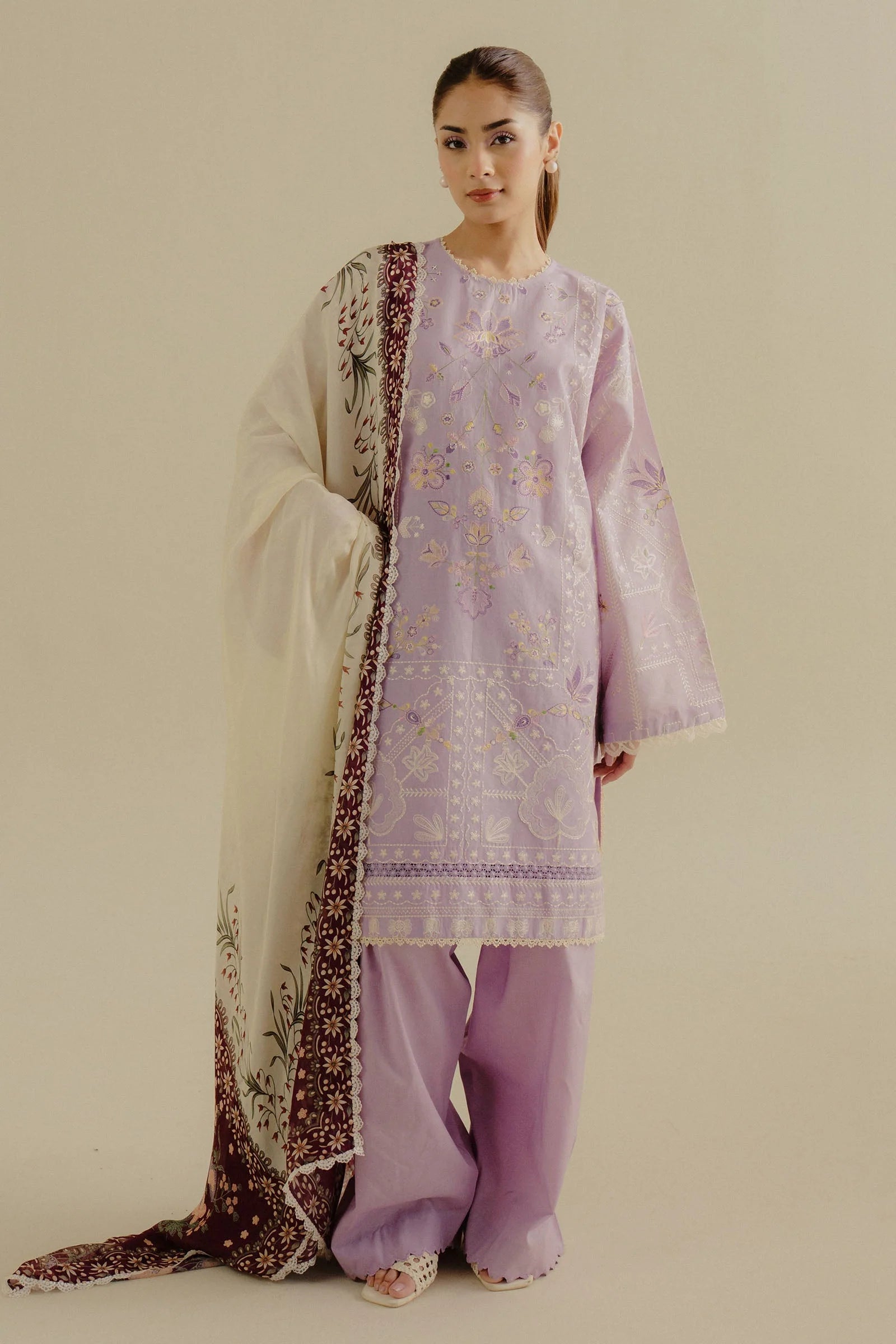 3Pc Embroidered Lawn with Printed Voil Dupatta