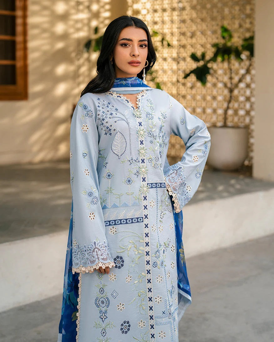 3PC Embroidered Lawn Suit with Printed Voil Dupatta