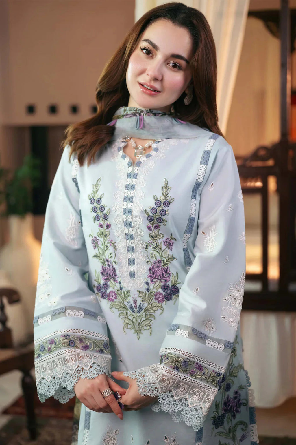 3Pc Embroidered Lawn suit with Digital Printed Dupatta