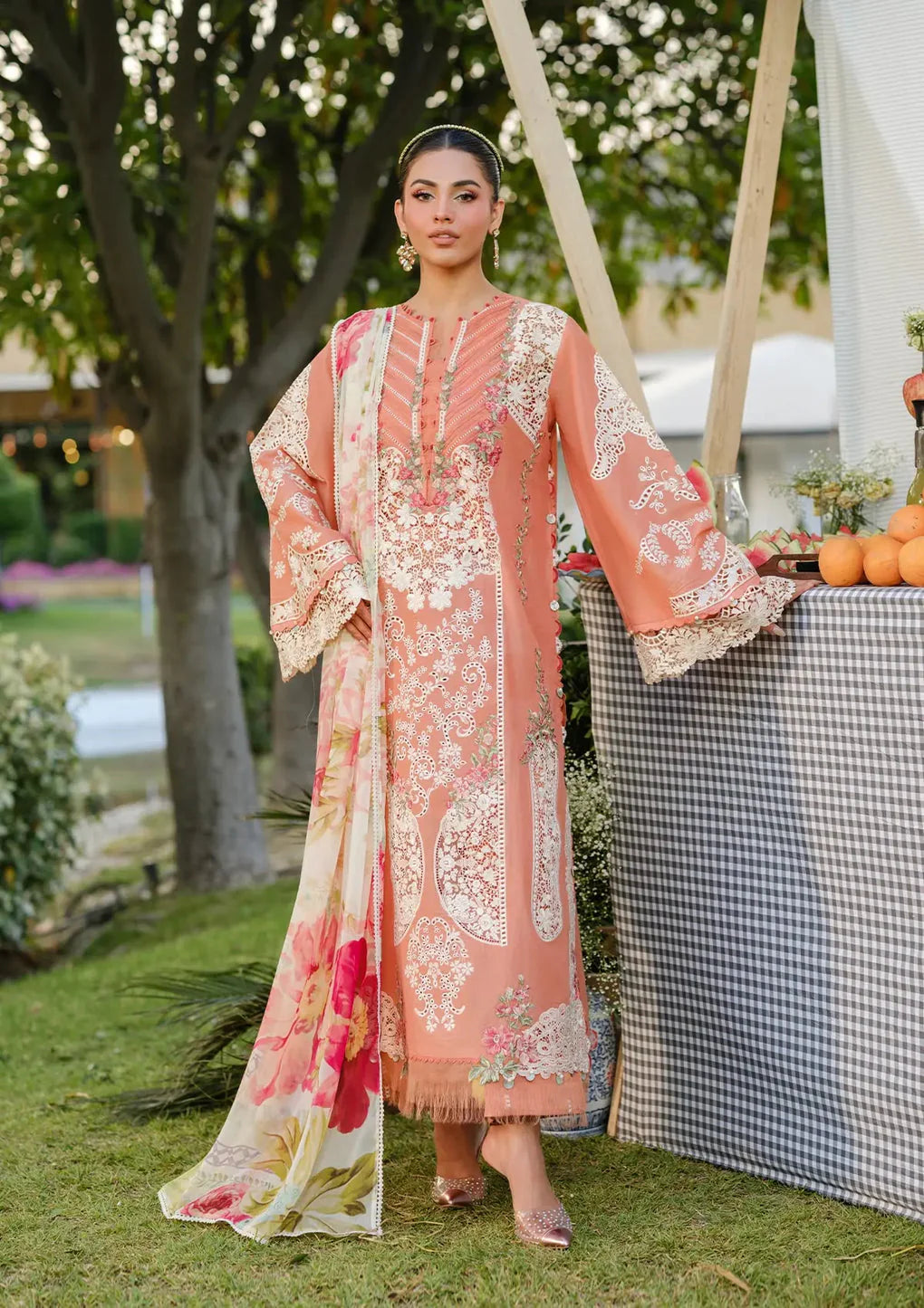 3 Piece Embroidered lawn suit with Printed Voil Dupatta