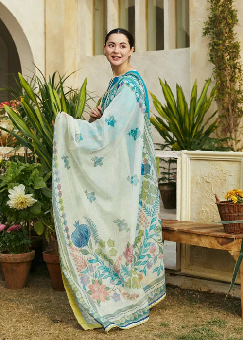 3Pc Embroidered Lawn suit with Printed Voil Dupatta