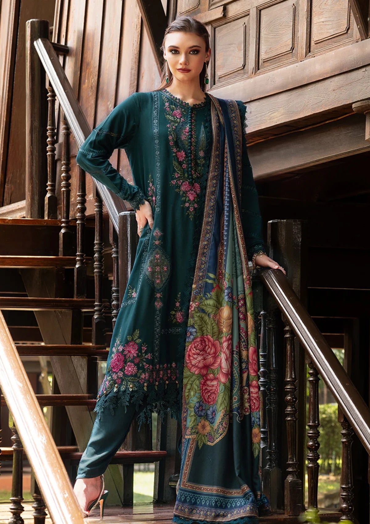 3Pc Embroidered Lawn suit with Printed Voil Dupatta