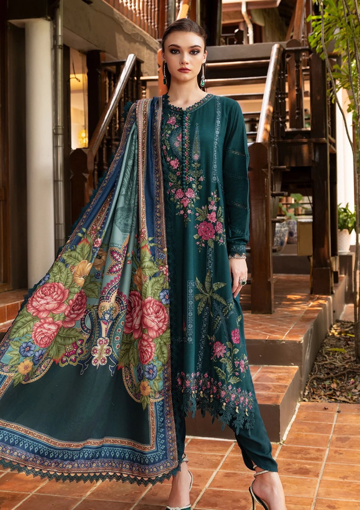 3Pc Embroidered Lawn suit with Printed Voil Dupatta