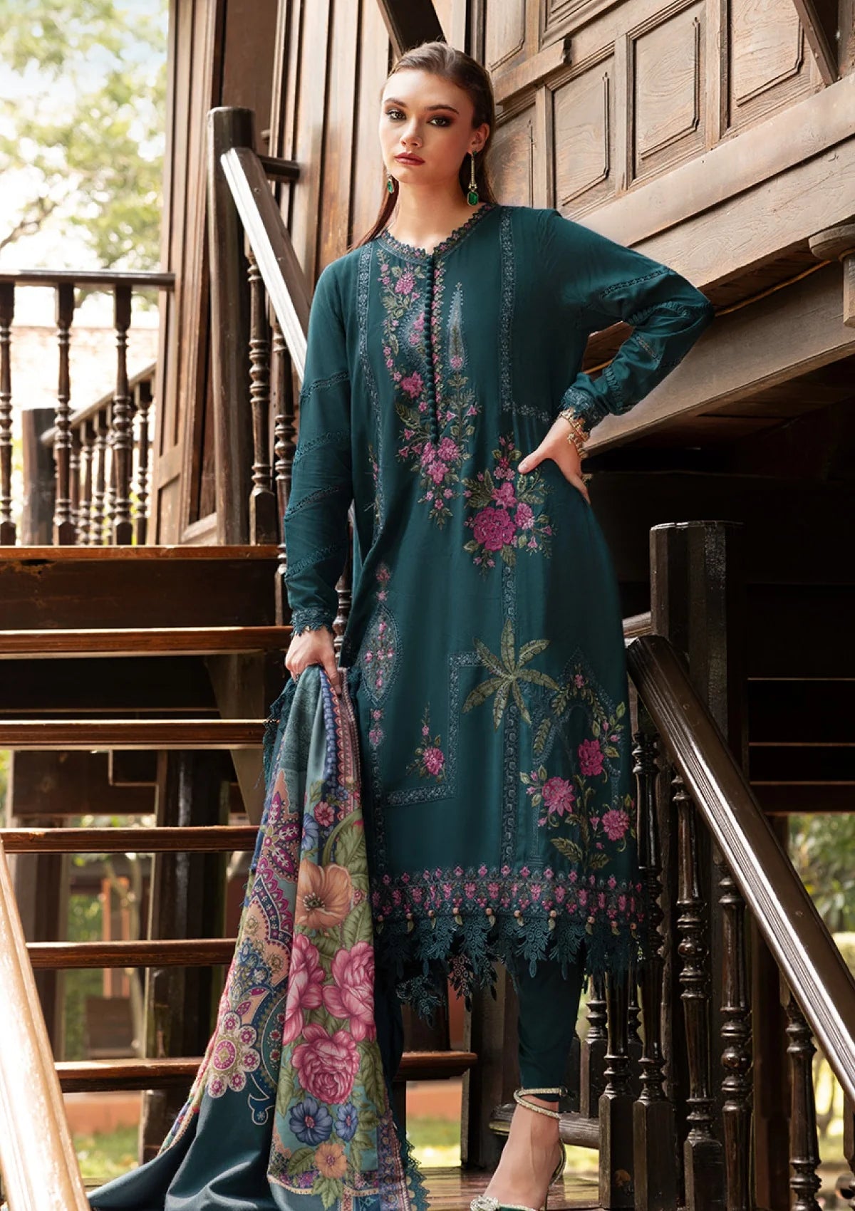 3Pc Embroidered Lawn suit with Printed Voil Dupatta