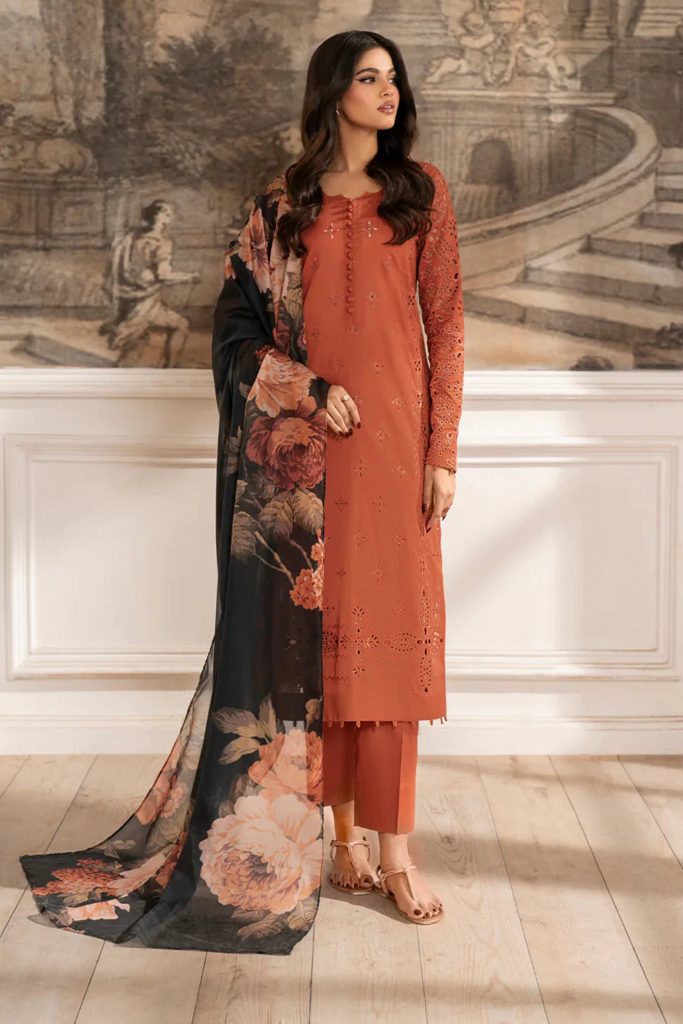 3Pc Chikenkari Embroidered Lawn suit with Printed Voil Dupatta