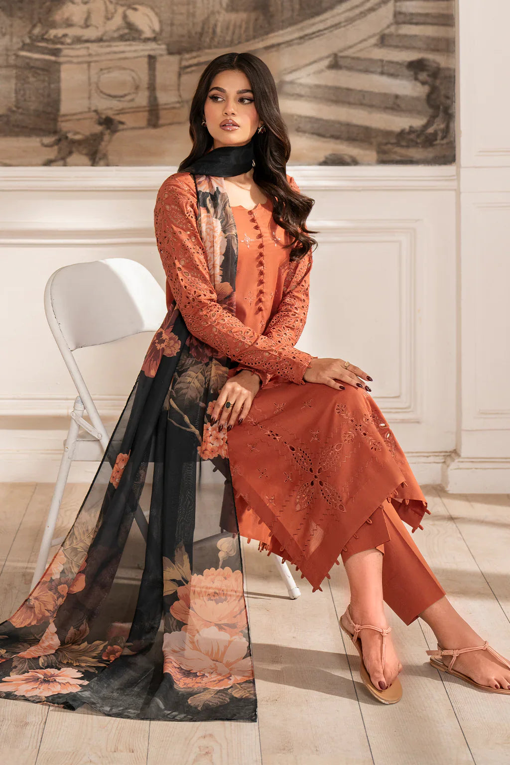 3Pc Chikenkari Embroidered Lawn suit with Printed Voil Dupatta