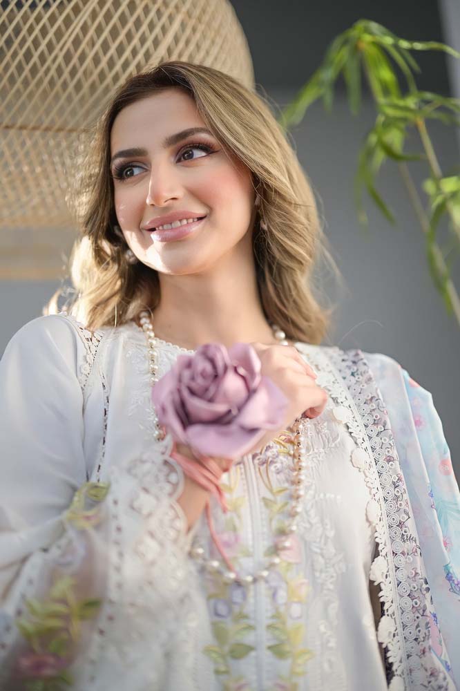 3Pc Embroidered Lawn Chikenkari Suit with Printed Diamond Dupatta