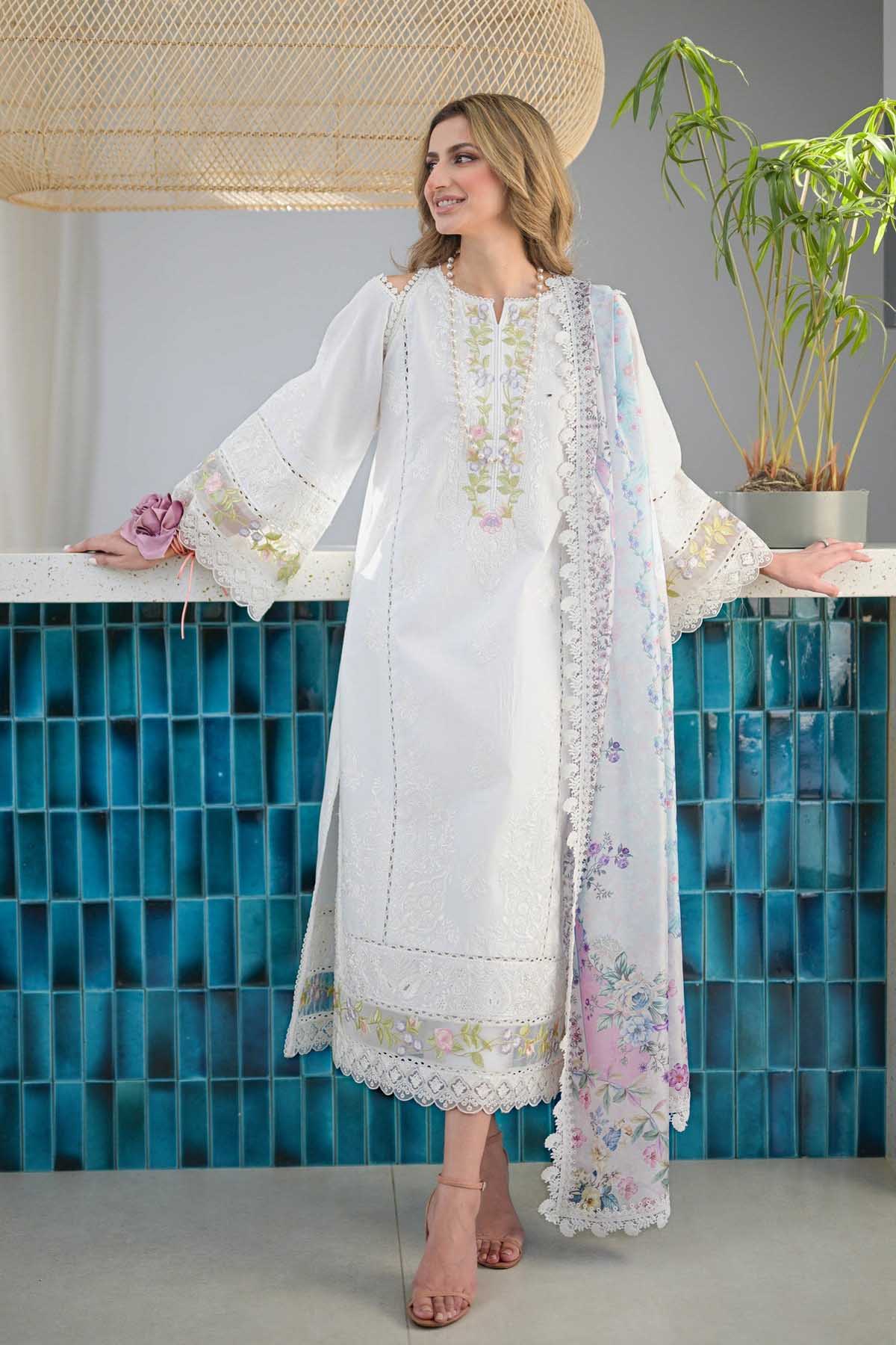 3Pc Embroidered Lawn Chikenkari Suit with Printed Diamond Dupatta