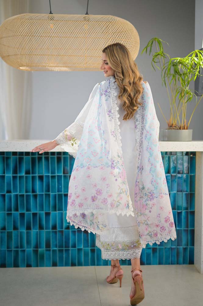 3Pc Embroidered Lawn Chikenkari Suit with Printed Diamond Dupatta
