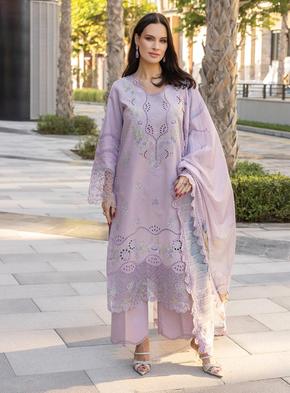 3 piece Embroidered Lawn Suit with Printed Voil Dupatta