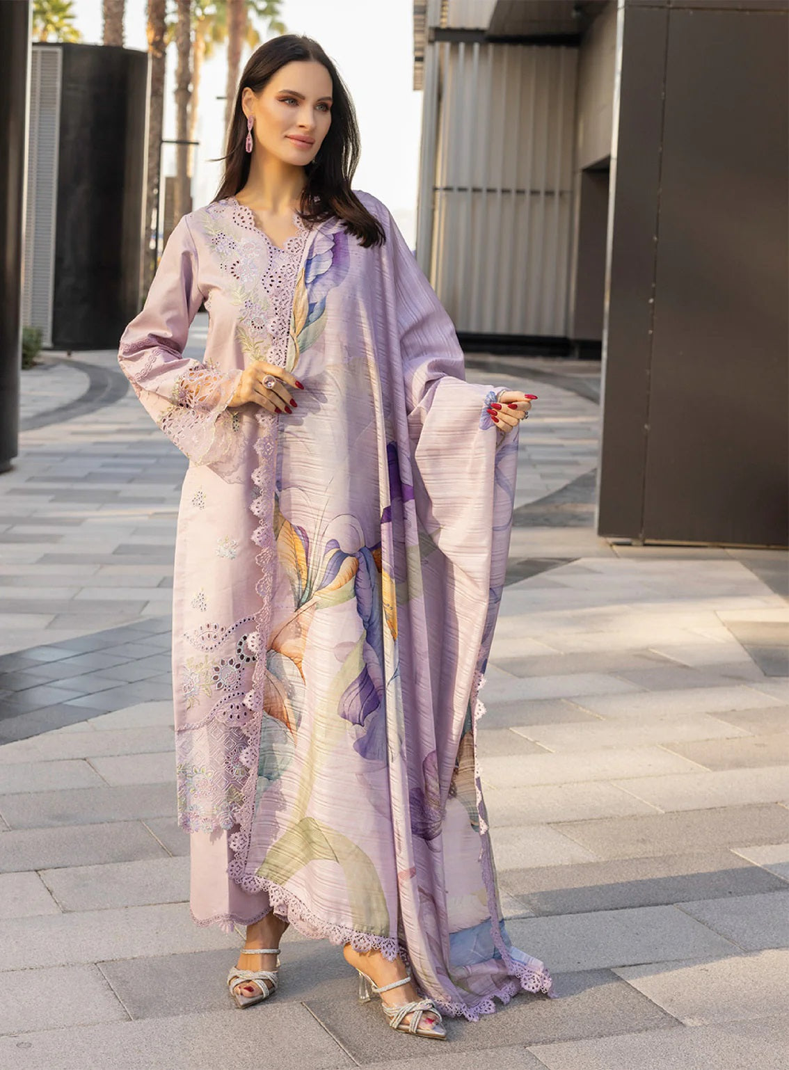 3 piece Embroidered Lawn Suit with Printed Voil Dupatta