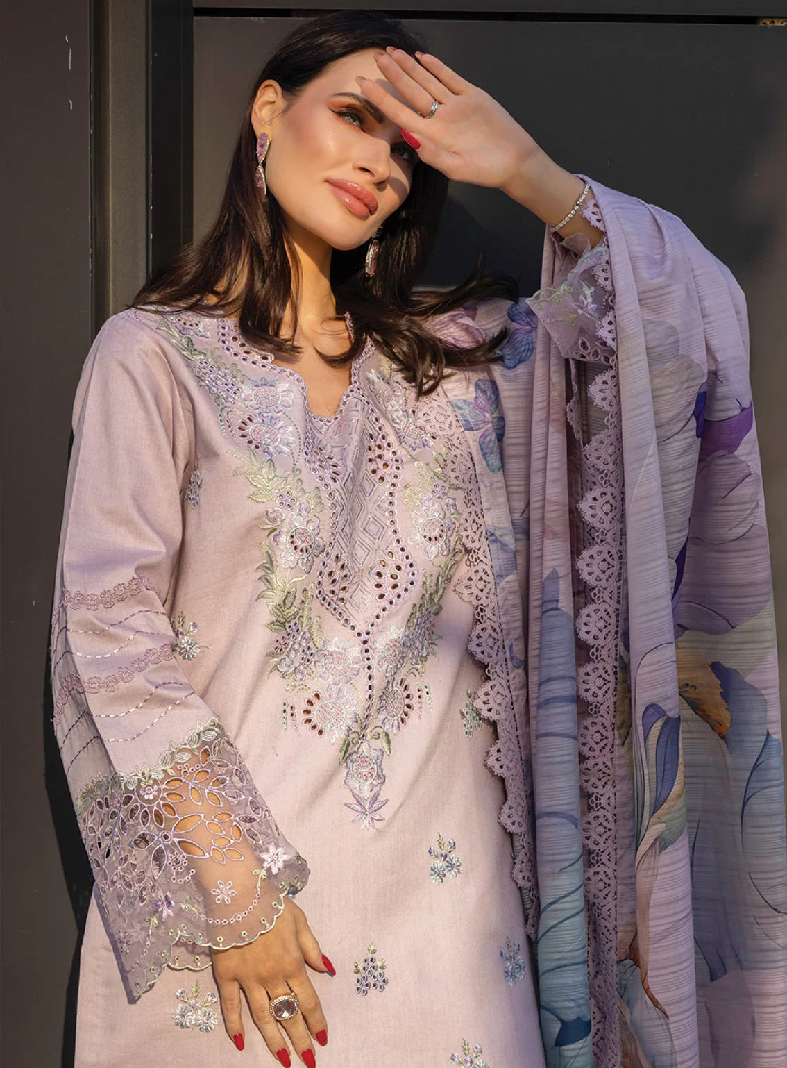 3 piece Embroidered Lawn Suit with Printed Voil Dupatta