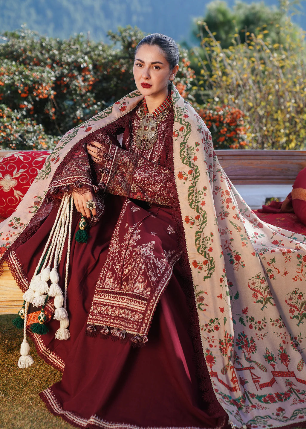 3Pc Embroidered Lawn suit with Printed Diamond Dupatta
