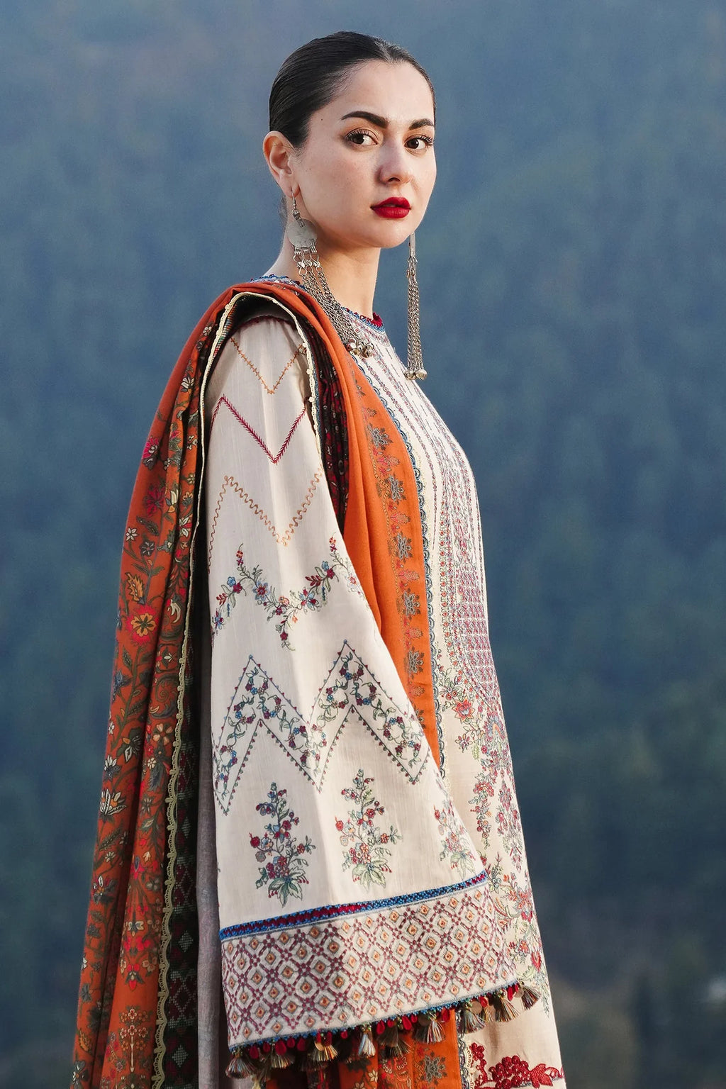 3Pc Embroidered Lawn suit with printed chiffon Dupatta