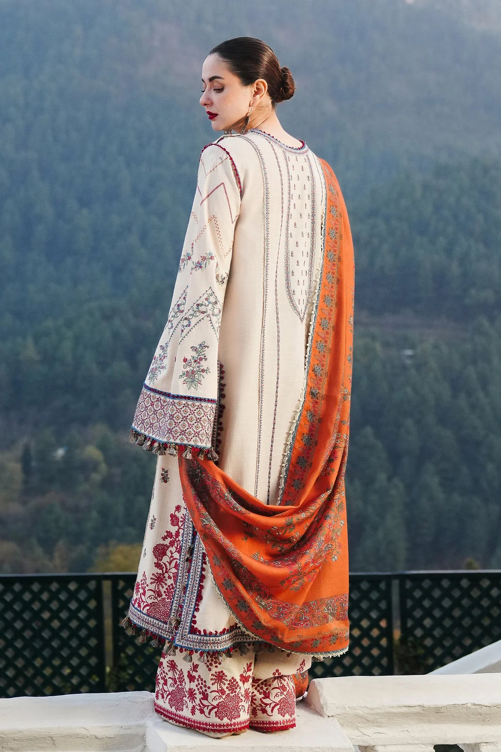 3Pc Embroidered Lawn suit with printed chiffon Dupatta