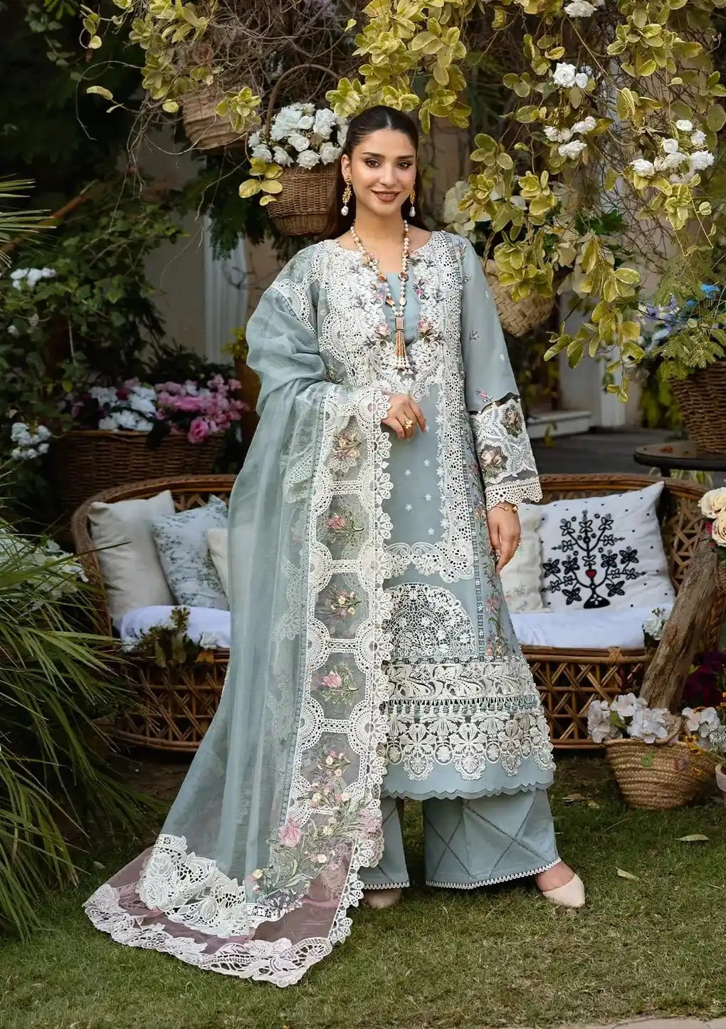 Embroidered Lawn suit with Printed Voil Dupatta