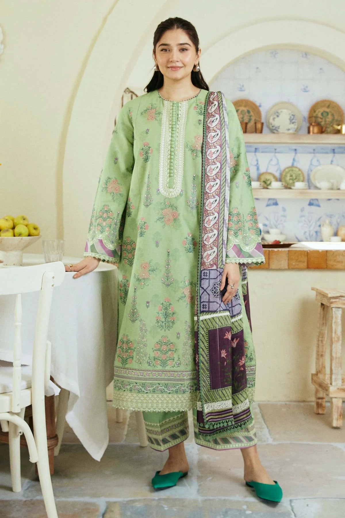 Embroidered Lawn 3Pc with printed Slub Diamond Dupatta