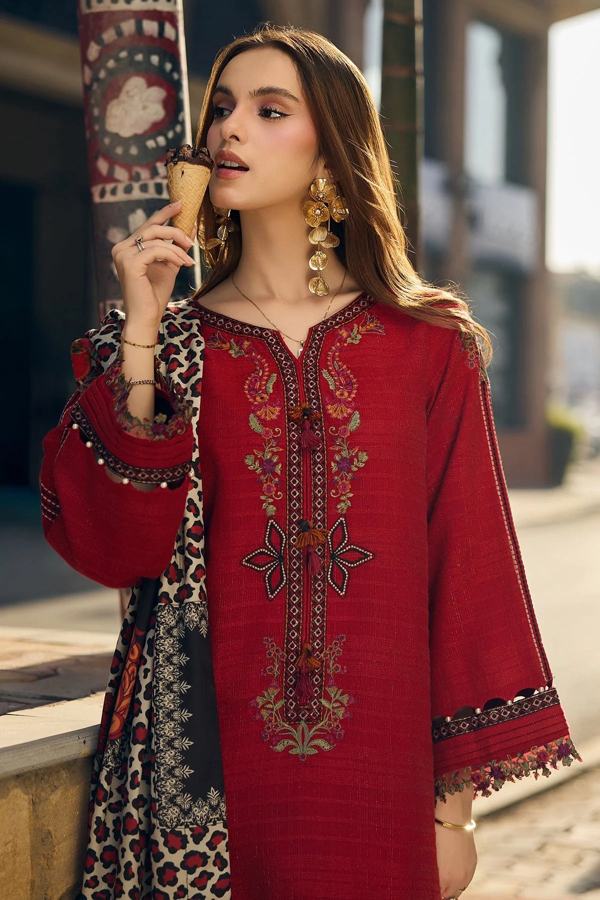 3Pc Embroidered Lawn Suit with Printed Voil Dupatta