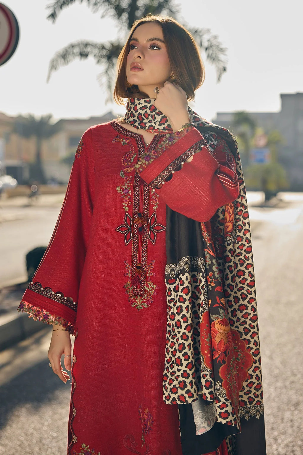 3Pc Embroidered Lawn Suit with Printed Voil Dupatta