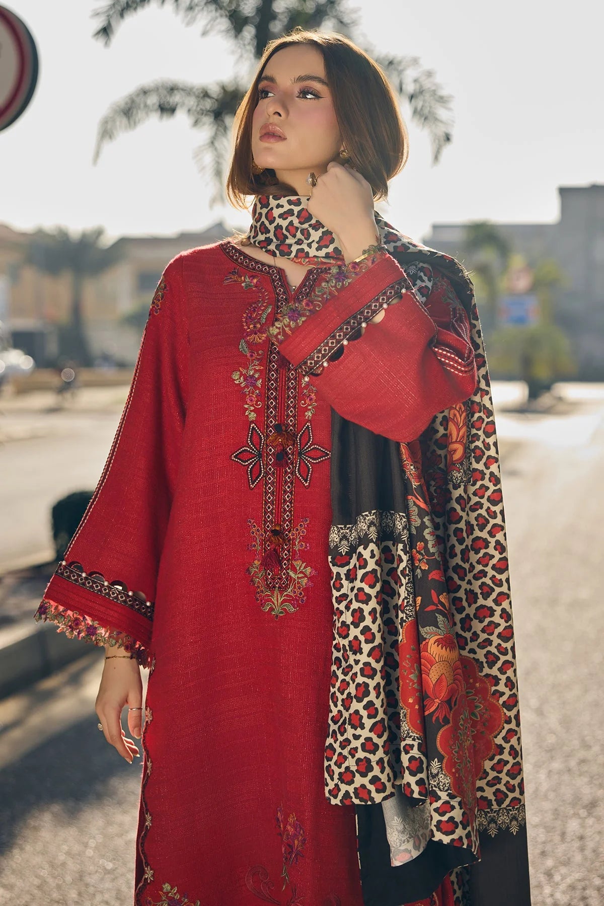 3Pc Embroidered Lawn Suit with Printed Voil Dupatta