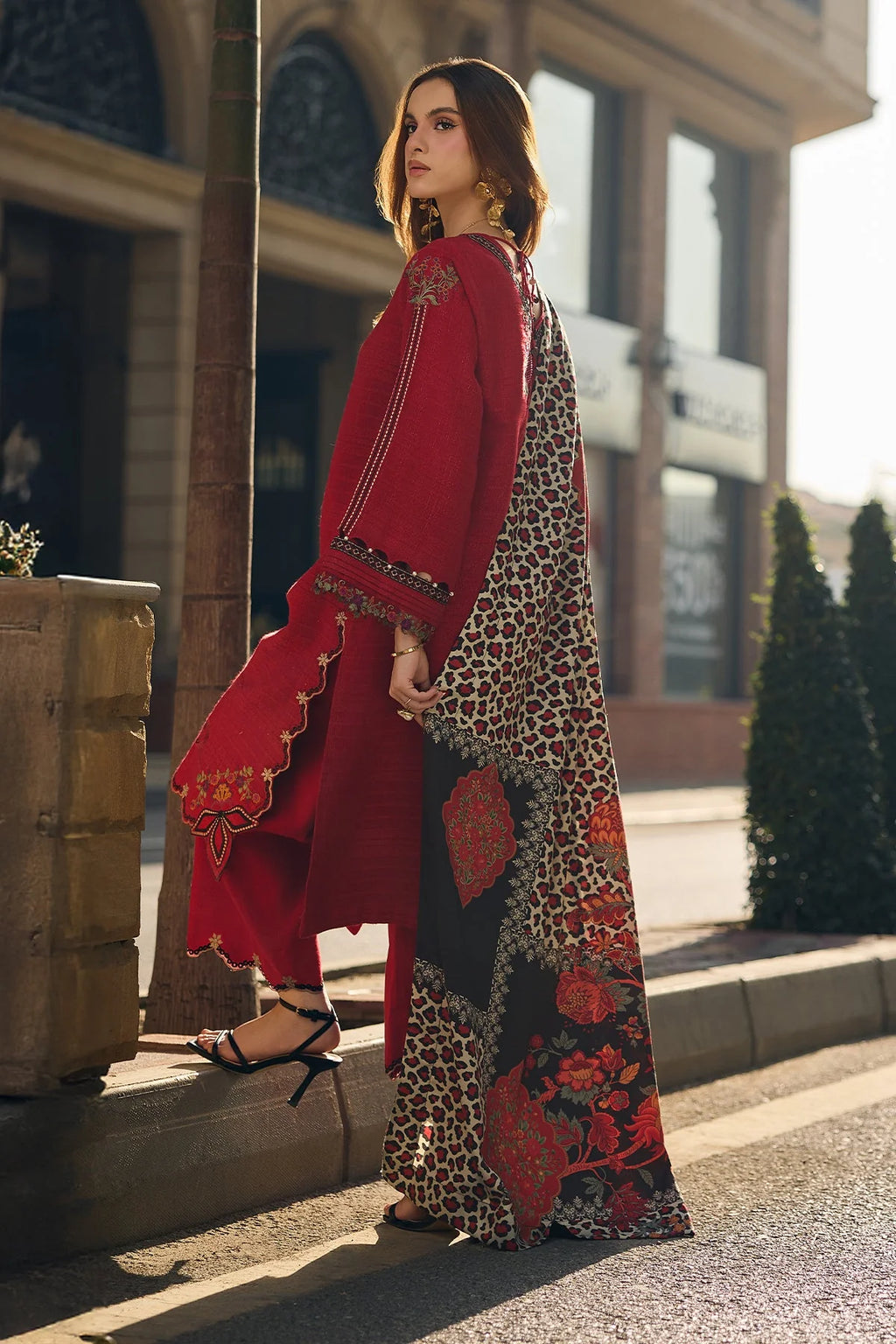 3Pc Embroidered Lawn Suit with Printed Voil Dupatta