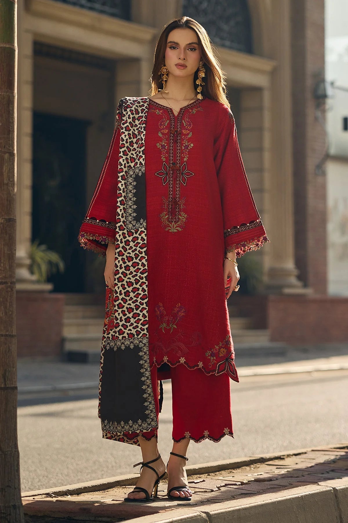 3Pc Embroidered Lawn Suit with Printed Voil Dupatta