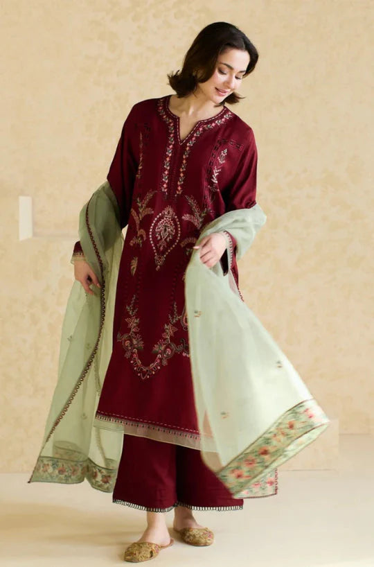 3Pc Embroidered Lawn Shirt with Organza Embroidered Dupatta