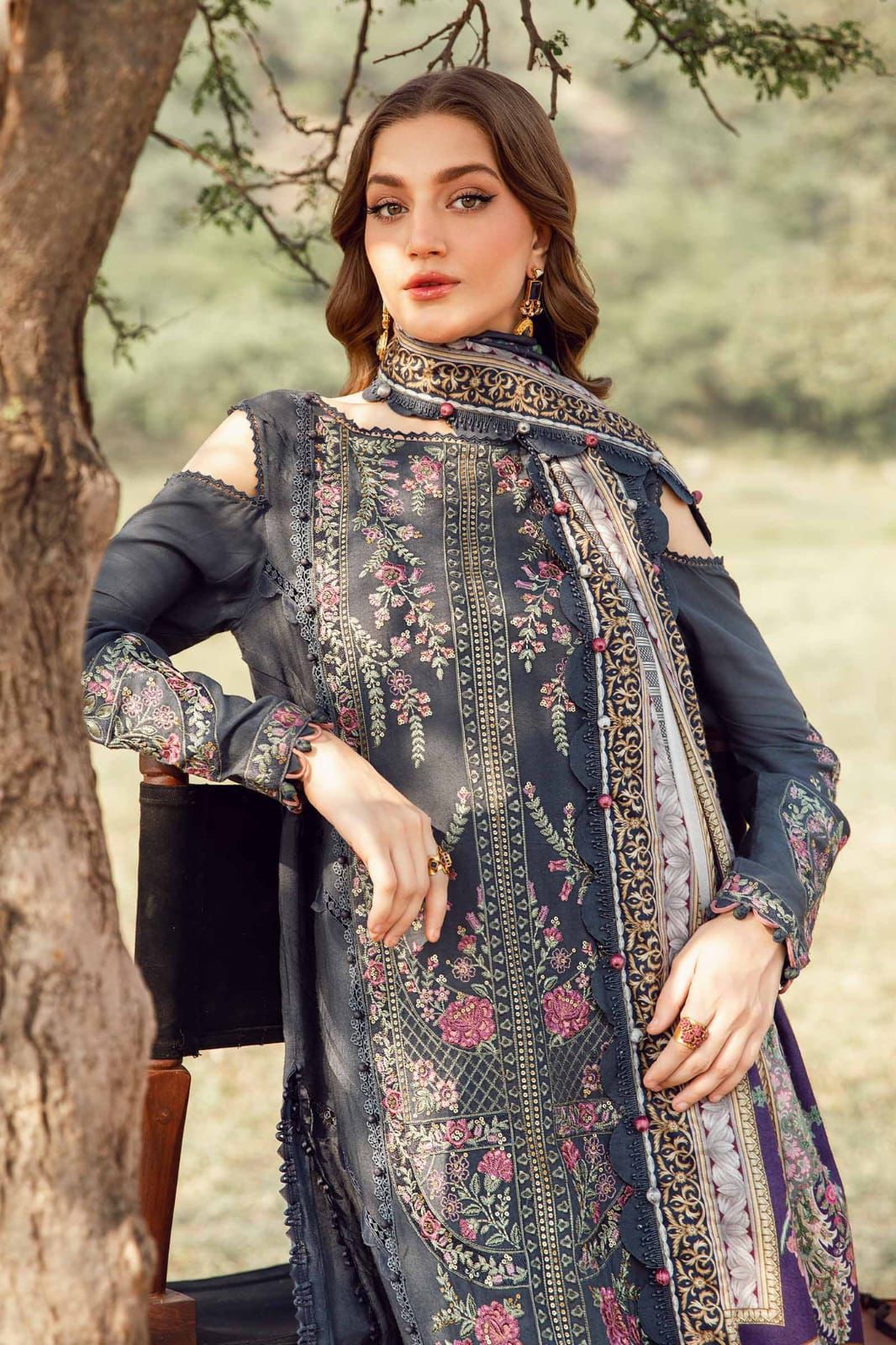 3 Piece Embroidered lawn suit with printed voil dupatta