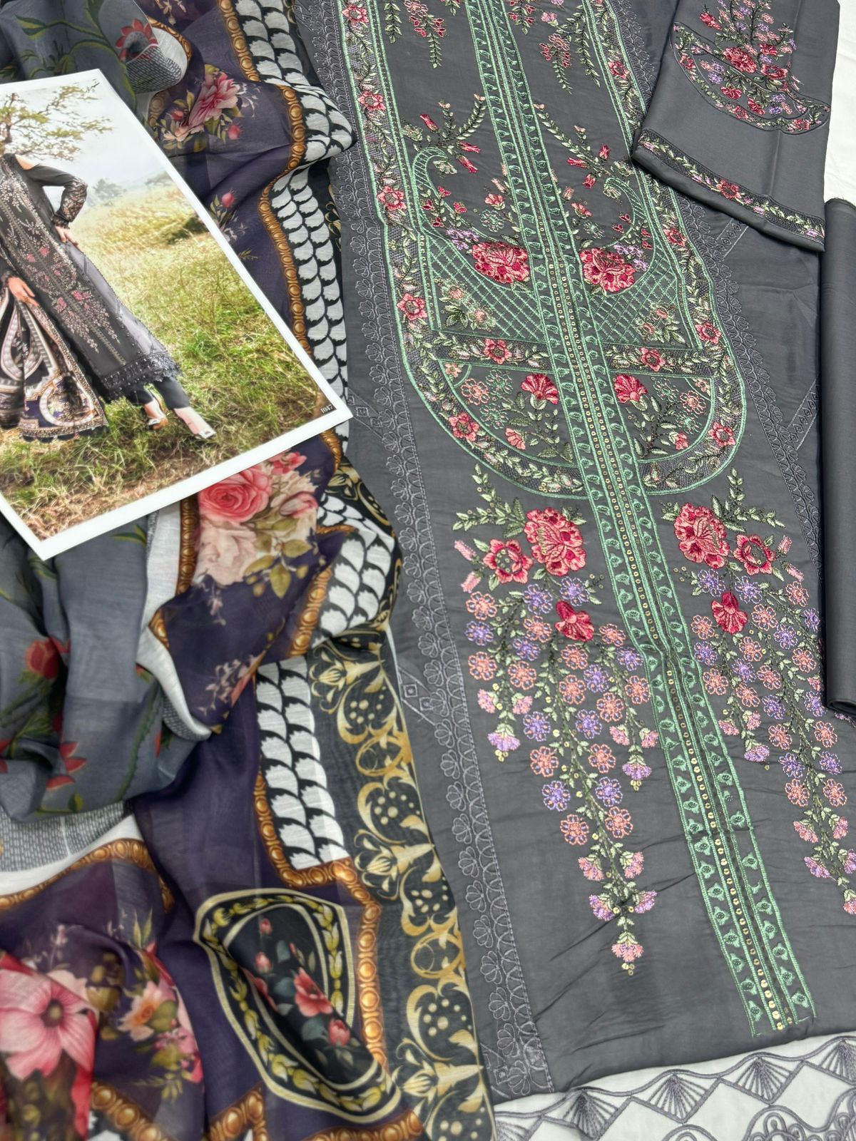 3 Piece Embroidered lawn suit with printed voil dupatta