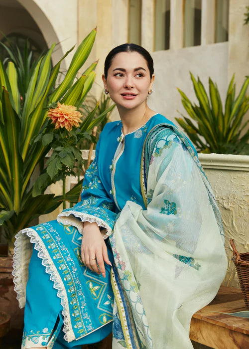 3Pc Embroidered Lawn suit with Printed Voil Dupatta