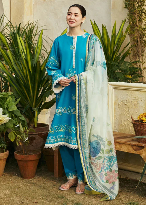 3Pc Embroidered Lawn suit with Printed Voil Dupatta