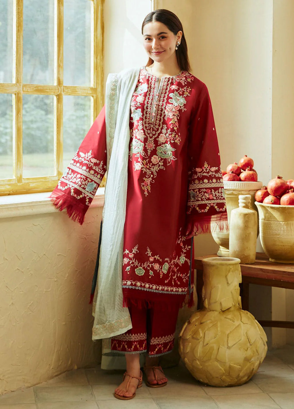 3Pc Embroidered Lawn Suit with Karandi Net Embroidered Dupatta