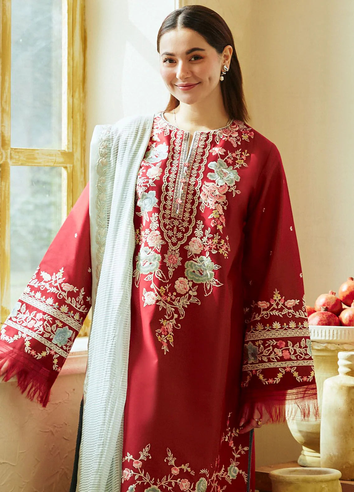 3Pc Embroidered Lawn Suit with Karandi Net Embroidered Dupatta