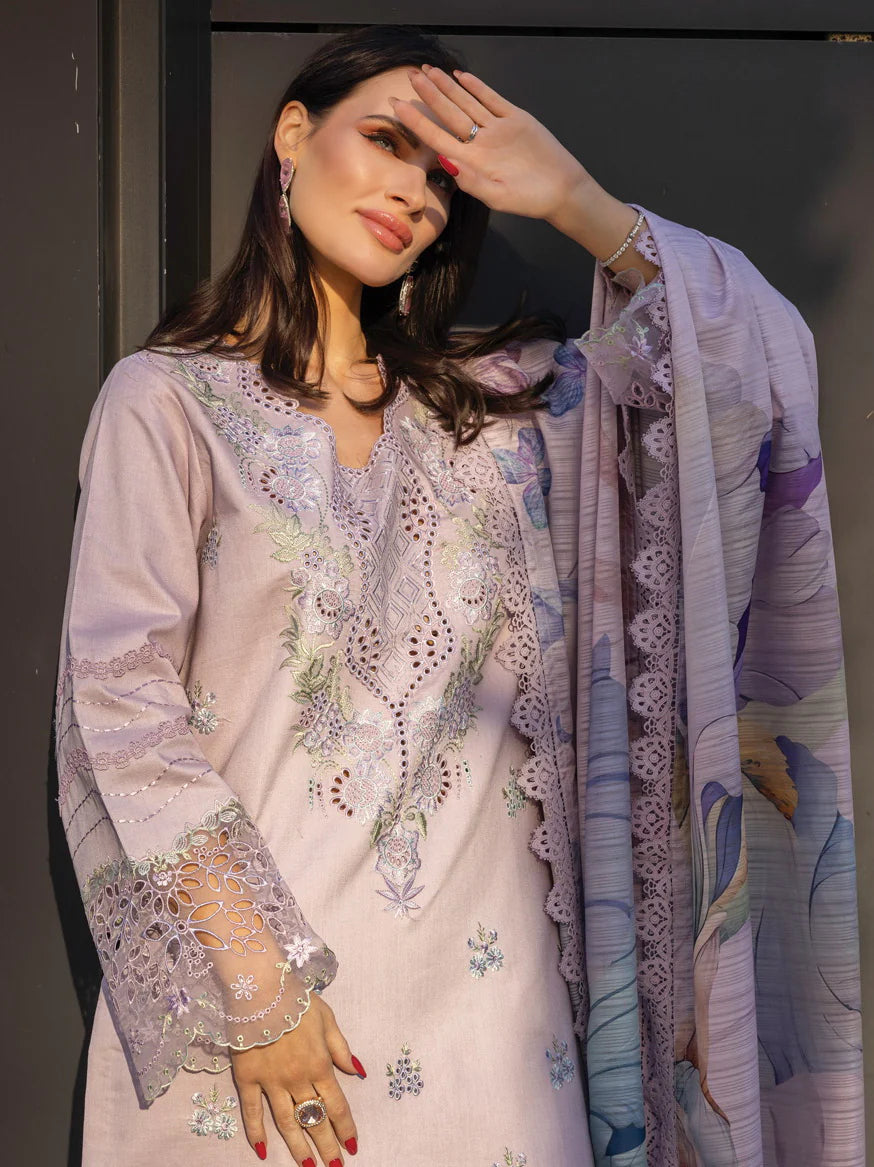 3Pc Embroidered Lawn with Printed Voil Dupatta