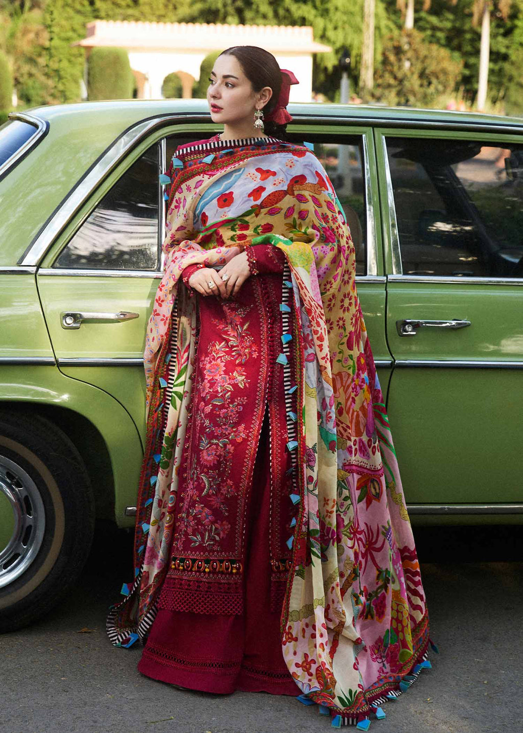 3Pc Embroidered Lawn Suit with Printed Voil Dupatta