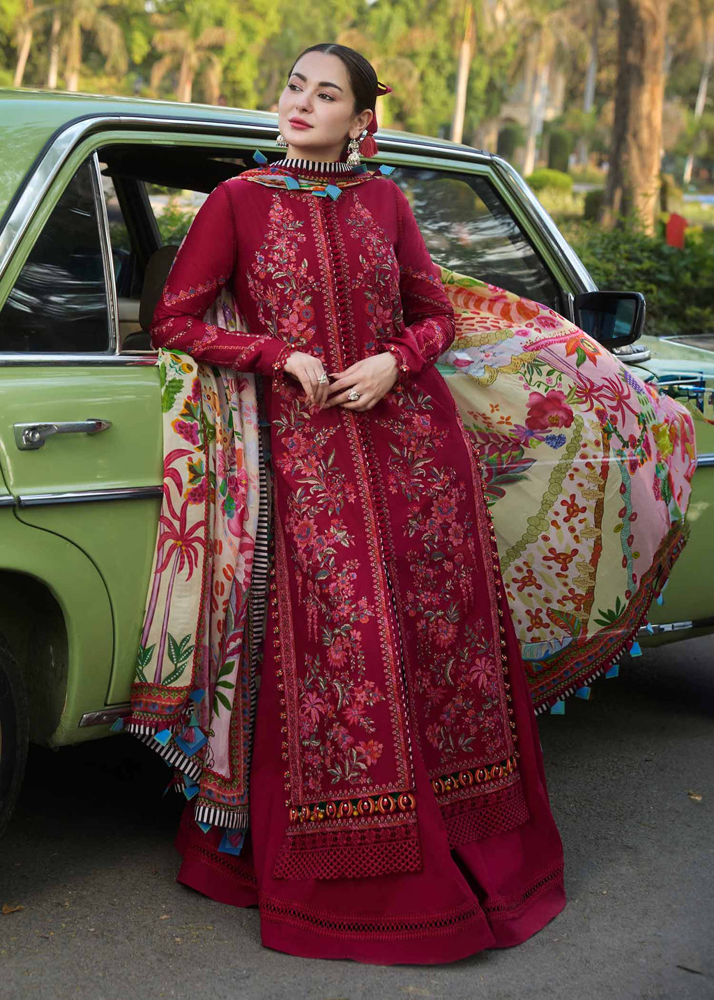 3Pc Embroidered Lawn Suit with Printed Voil Dupatta