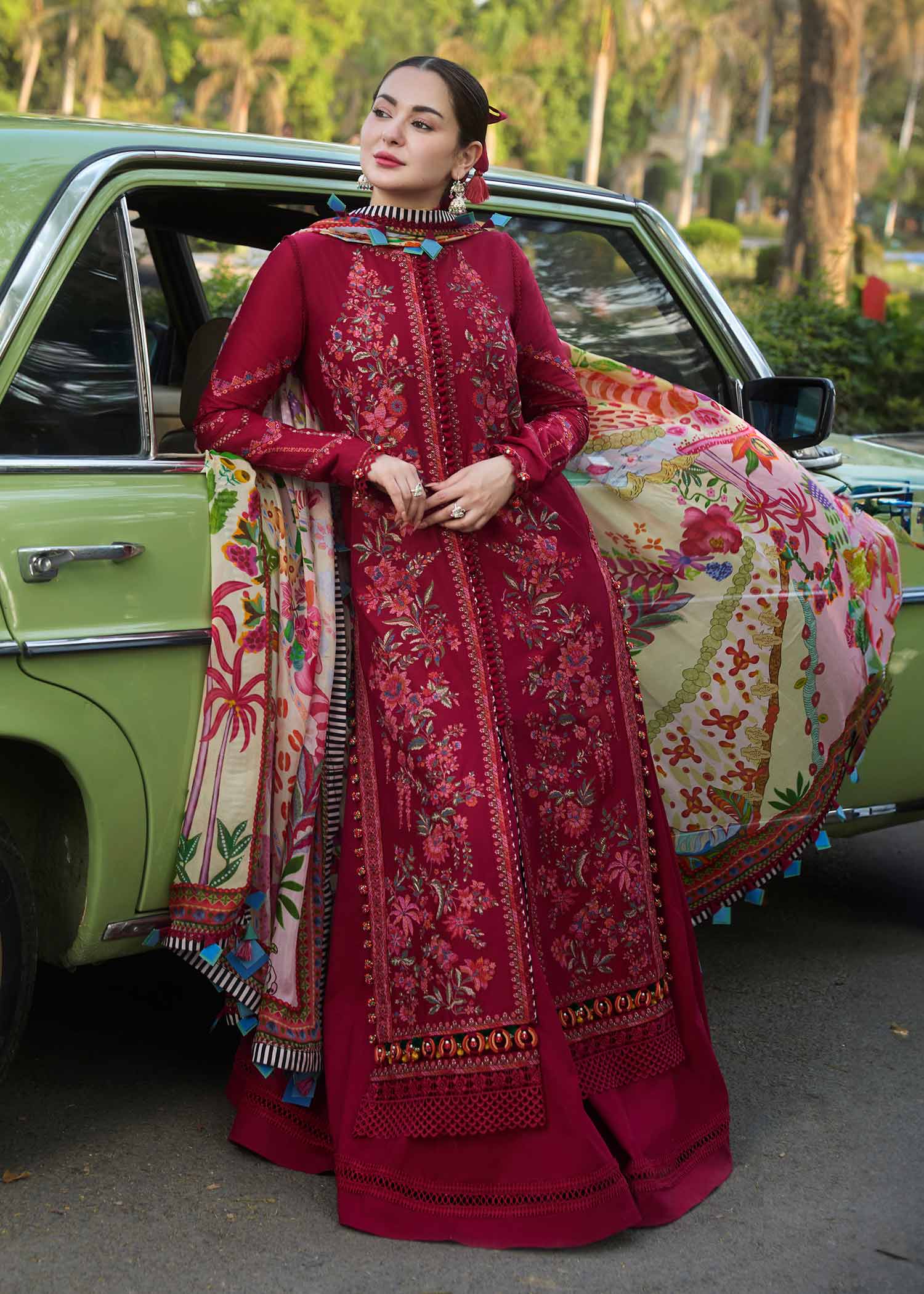 3Pc Embroidered Lawn Suit with Printed Voil Dupatta