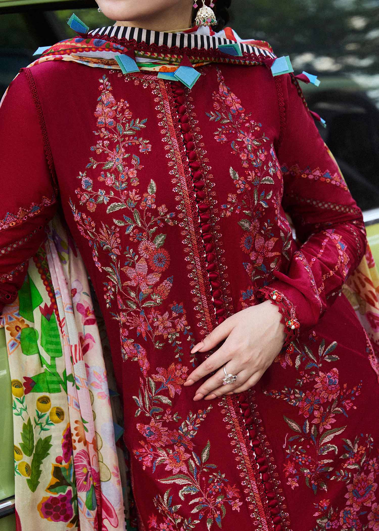3Pc Embroidered Lawn Suit with Printed Voil Dupatta