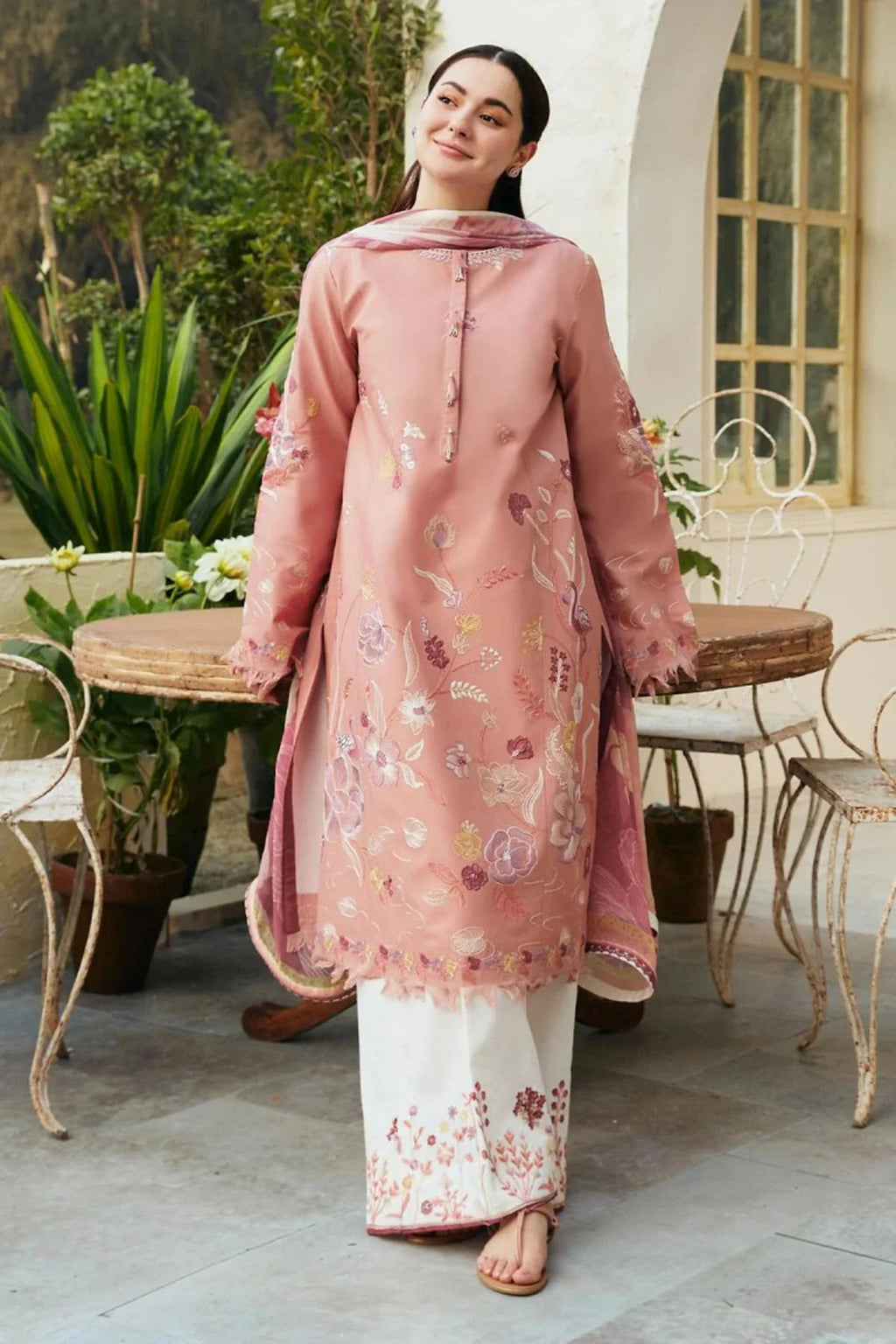 3Pc luxury Embroidered lawn with printed Slub Diamond Dupatta