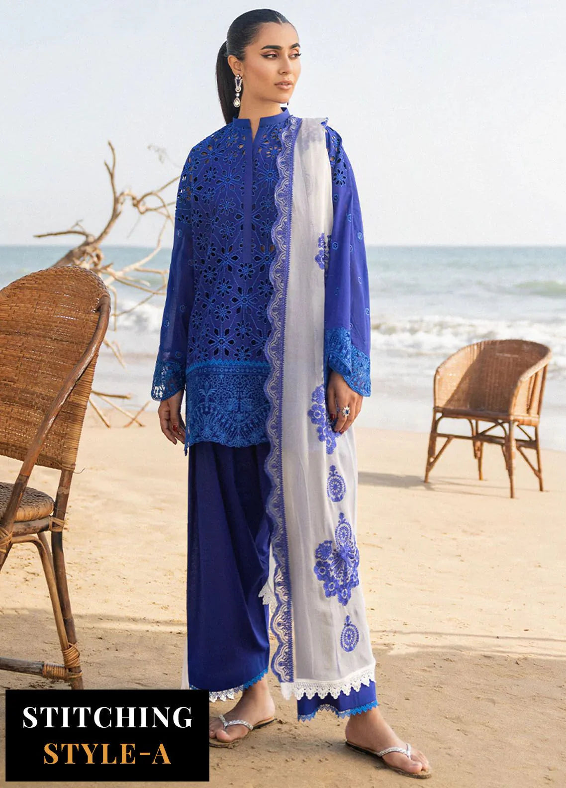 3Pc Chikenkari Lawn Suit with Printed Voil Dupatta
